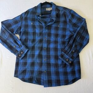Duluth Trading Shirt Mens Large Blue Black Plaid Flannel Button Down Trim Fit